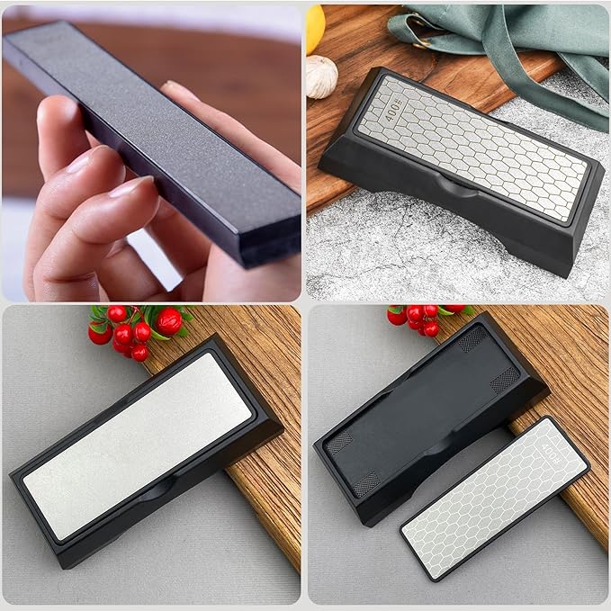Diamond Sharpening Stone Set, Knife Sharpener Stone, 2 Side Grit 400/1000, 240/1500/3000 Grit Portable Hone Sharpener, Diamond Plate Honing Stone, 2 Sizes Whetstone Tool with Non-Slip Base