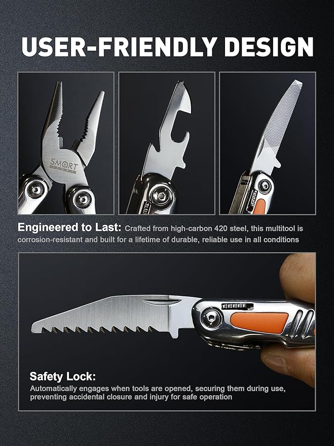 SMART JERRY 14-in-1 Multitool Pliers with Sheath | Self-Locking Foldable Multi Tool for DIY, Home, Garden, Camping | Stainless Steel EDC Pocket Knife | Gifts for Men, Dad, Husband