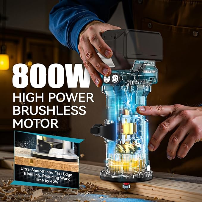 Cordless Compact Router Compatible with Makita 18V Battery, With 15Pcs Router Bits 6 Variable Speeds for Woodworking, 800W 30000 RPM Fixed Base Wood Router With Trim Bits