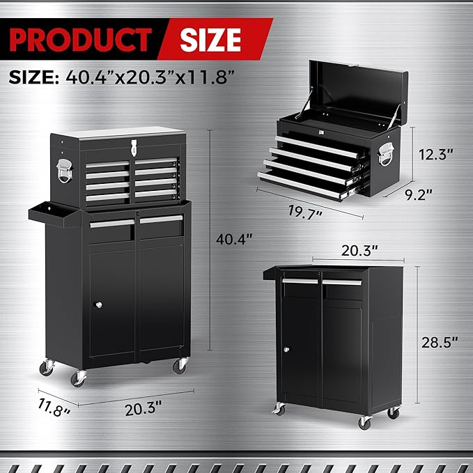 INTERGREAT Rolling Tool Chest, 5-Drawer Tool Box Organizer w/Lockable Wheels & Sliding Drawers & Detachable Top, Tool Storage Cabinet for Garage Workshop, Black