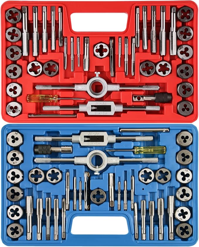 80pcs Tap and Die Set, SAE & Metric Tap Die Wrench Set, Metric Standard M3 to M12 Coarse Fine Rethreading Threads Bits for Cutting External and Internal Threads, NC, NF, NPT Repair Tools