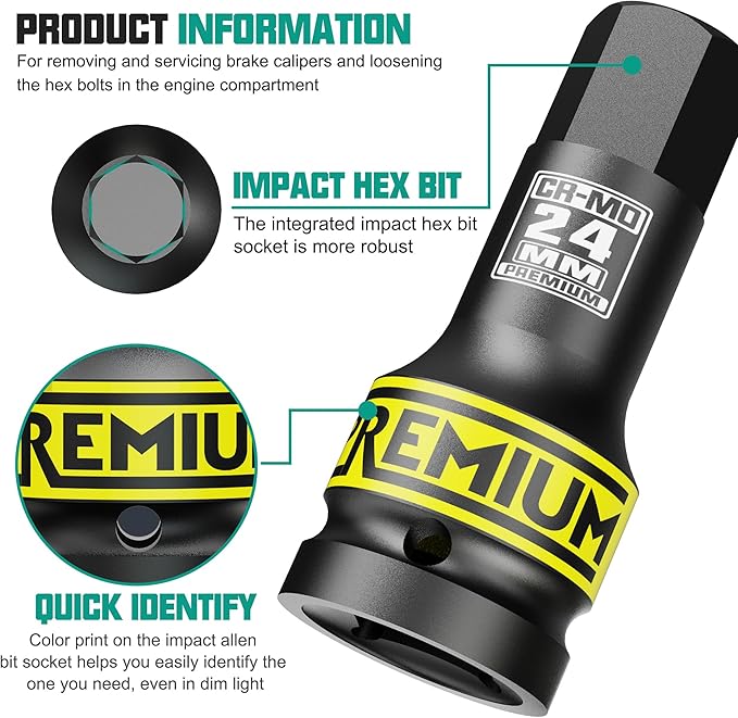 3/4" Drive H24 Impact Hex Bit Socket, 24 mm Allen Bit Socket, Metric, Cr-Mo Steel, Car Maintenance, Furniture Installation, Mechanic Use