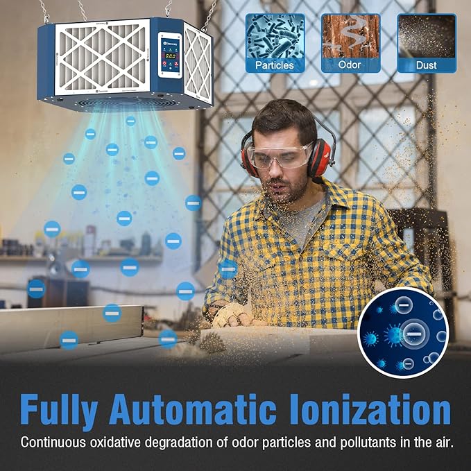 360째 Woodshop Air Filtration System Woodworking - 1050/1350 CFM, Built-in Ionizer, with Strong Vortex Fan, Shop Air Filtration for Garage, Works Shop, Dust Collectors System, KMF12D, Blue