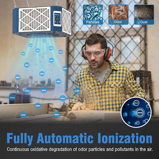360째 Woodshop Air Filtration System Woodworking - 1050/1350 CFM, Built-in Ionizer, with Strong Vortex Fan, Shop Air Filtration for Garage, Works Shop, Dust Collectors System, KMF12D, Blue