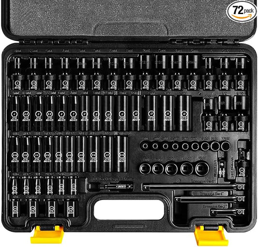 BOEN 1/4" Drive Impact Socket Set, 72-Piece Standard SAE (3/16-9/16 inch) and Metric (4-15mm) Size, 1/4-Inch Drive Swivel Socket Set, Drive Extension Bar, Universal Joint & Adapter, CR-MO 6 Point