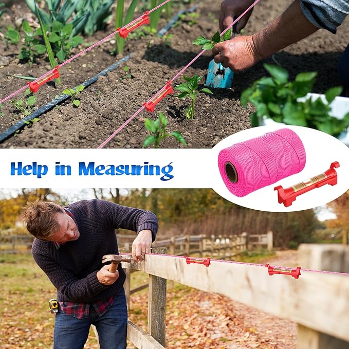 2 Pack #18 500 ft Mason Line String & 10 Pack Built-in Levels, String Level Line Kit for DIY, Gardening Work, Construction Twine Outdoor Projects Layout Brick Working(Fluorescent Pink)
