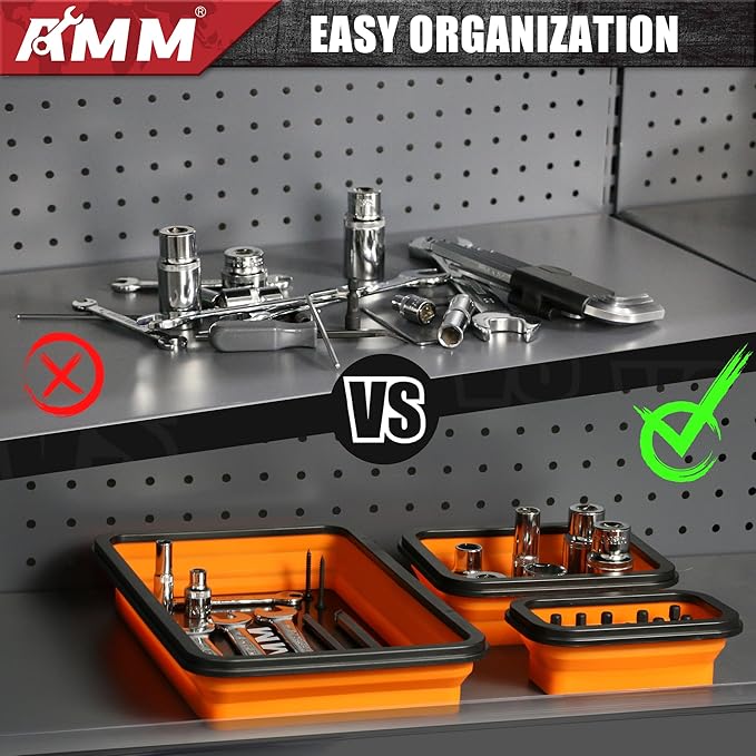 AMM Foldable Magnetic Parts Tray Set, 3 Different Size Magnetic Tool Trays for Bolts Screws Nuts & Small Metal Parts, Mechanic Tool Present for Men竊똎range