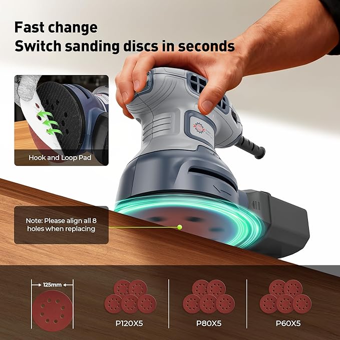 5-Inch Random Orbital Sander, Toolok 3Amp Electric Palm Sander with 6 Variable Speeds 6000-13000 OPM, Dust Bag & Vacuum Adapter, 15 Sandpapers for Woodworking, Furniture Refinishing & Paint Removal