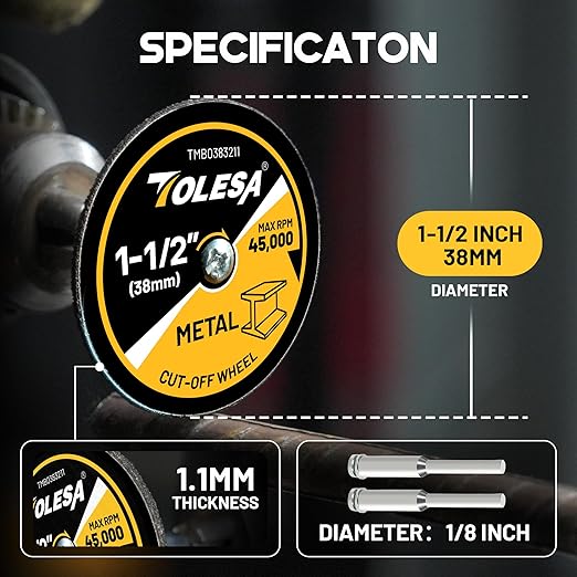 1-1/2 Cut Off Wheels 50 Pack, 1.5" x 1/8" Fiberglass Reinforced Cutting Wheels, TOLESA Rotary Tool Metal Cutting Disc Accessories Include 2 Mandrels