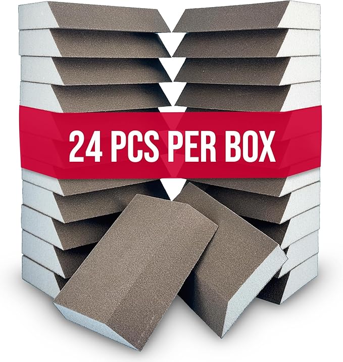 Virginia Abrasives 5??x 3??x 1??Single Angle Medium Grit Sanding Sponge Blocks - Washable and Reusable Sandpaper Foam Bricks/Pads Perfect for Finishing Drywall, Wood, Metal - Wet and Dry - 24 Pcs Pack