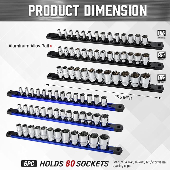 ALOANES 6-Piece Magnetic Socket Organizer, Heavy Duty Aluminum Socket Rails Organizer, 360째 Swivel Clips Socket Rail Set For Sockets Storage, 1/2, 3/8, 1/4-Inch Socket Holder x 80 Clips (Black&Blue)