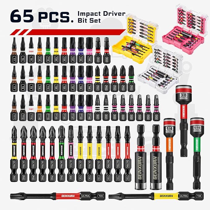 65Pieces Impact Screwdriver Bits Set, Magnetic S2 Steel Phillips/Square/Torx Insert Power Bits Tips,Impact Bit Holder and Nut Driver with Storage Box Case