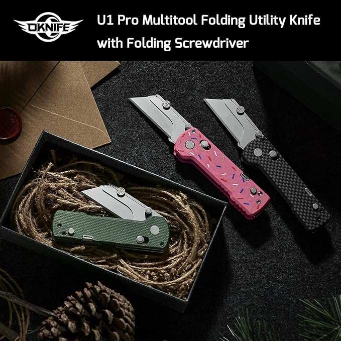 OKNIFE U1 Pro Multitool Folding Utility Knife with Folding Screwdriver, Quick Change Blade, Rail Lock & Pocket Clip for Men Women (Green Micarta)