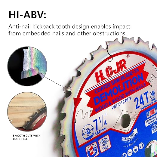 Demolition Circular Saw Blade Woodworking TA Series, 7-1/4" 24 Tooth 5/8" Arbor, Demolition/Frame, Special Anti-Thermal Adhesion Coating on Cutting Head -TA, DEM 7-1/4" 24T-TA