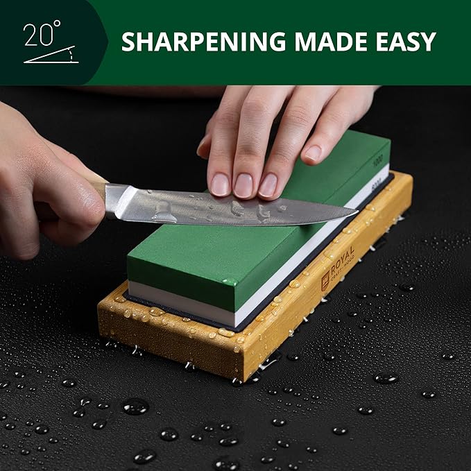 Universal Knife Sharpening Stone w/Dual Grit 1000/6000 for Kitchen Knife Set, Chef Knife, and more - Whetstone Sharpening Kit with Angle Guide, Non-Slip Silicon and Bamboo Bases by ROYAL CRAFT WOOD