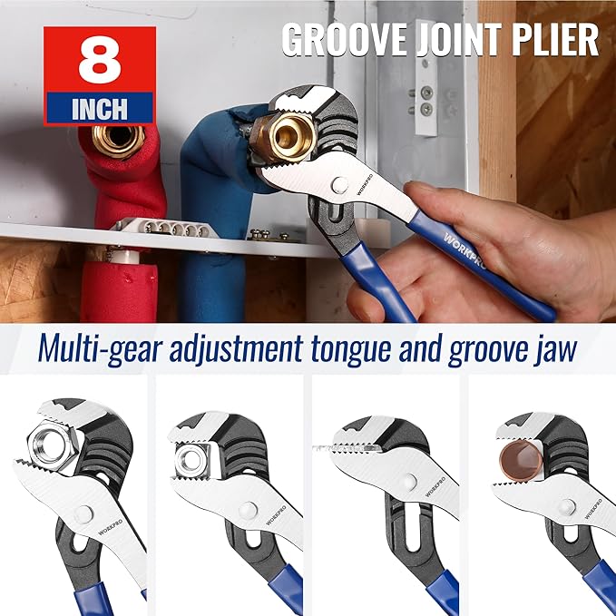 WORKPRO Pliers Set, 3-Piece Plier Tool Set with Soft Handle, 6" Needle Nose, 6" Slip Joint, 8" Groove Joint Plier for DIY & Home Use