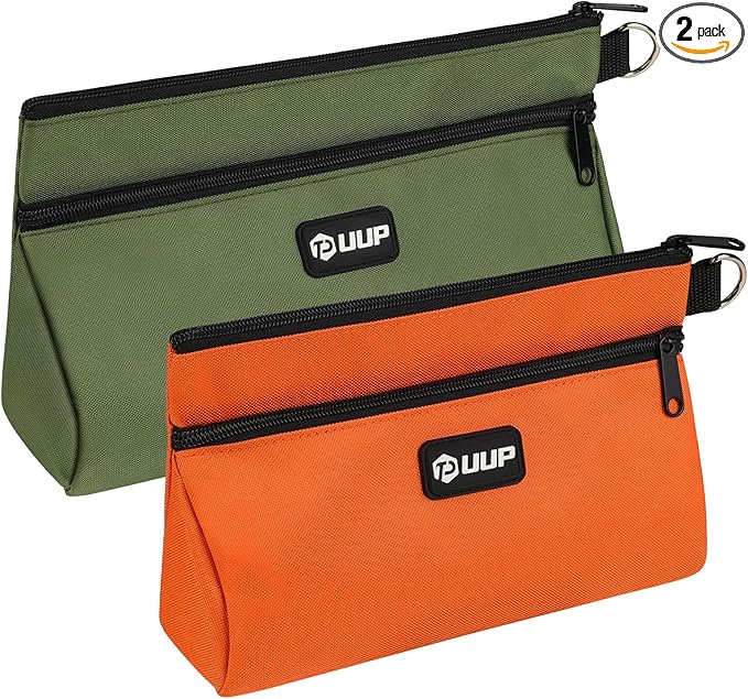 10"12" Small Tool Bag with Zipper,2 Pack Heavy Duty Tool Pouch with Two Compartments,Utility Toolbox Storage Organizer for Electrician Mechanic, Gift for Men Dad, Orange/Green
