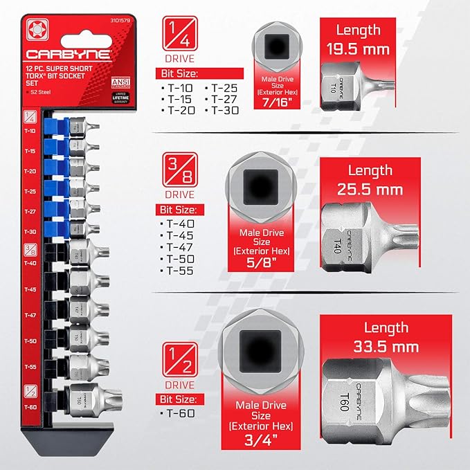 CARBYNE 12-Piece Torx Super Short Low Profile Bit Socket Set | T10 to T60 Sizes, Dual-Drive: Internal Square Drive & External Hex Drive ??From a Family-Run Tool Company in the U.S.