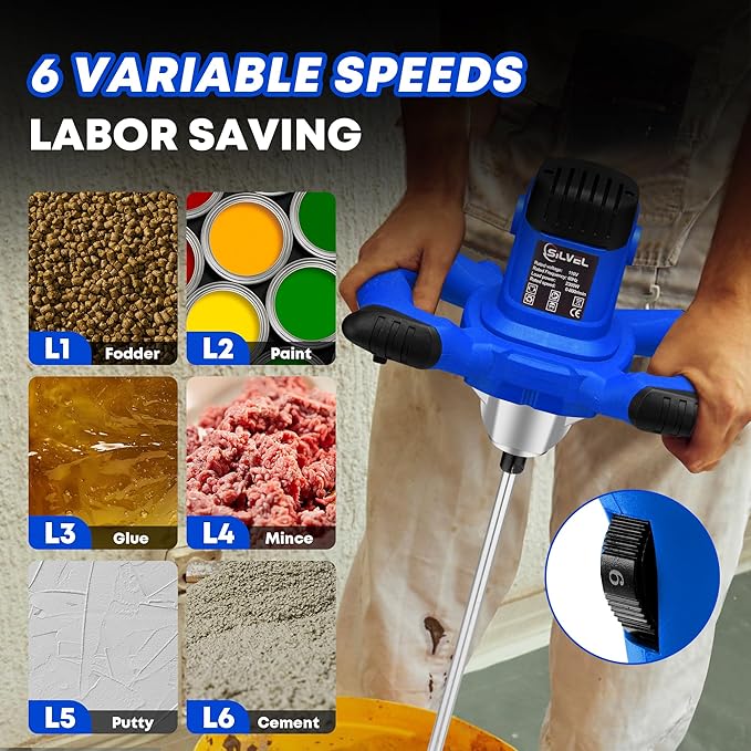 SILVEL Cement Mixer, 2300W Handheld Electric Concrete Mixer, Portable Mortar Mixer with 6 Adjustable Speed, 110V Mud Mixer for Mixing Mud, Cement, Mortar, Paint, Fodder