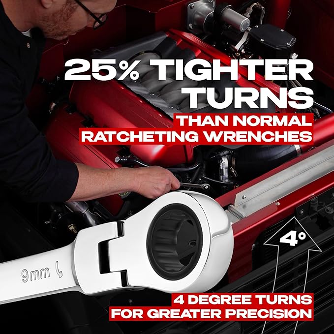 Jaeger 9 mm Flex Head TIGHTSPOT Ratchet Wrench, 4 Degree Swing arc, 12-Point Ratchet Combination Wrench, 90-Tooth