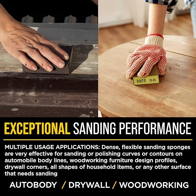 Dura-Gold 36 Grit 4-Sided Hand Sanding Block Sponges, Box of 6 - Performance Flex 3.9" x 2.75" x 1" Wet or Dry Flexible Sandpaper Abrasive Brick Pads, Reusable - Sand Wood, Drywall, Metal, Auto Paint