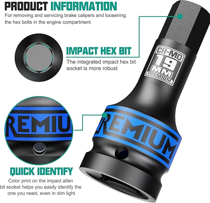 3/4" Drive H19 Impact Hex Bit Socket, 19 mm Allen Bit Socket, Metric, Cr-Mo Steel, Car Maintenance, Furniture Installation, Mechanic Use
