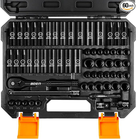 BOEN 1/4" Drive Impact Socket Set, 60-Piece Standard SAE (5/32"-9/16") & Metric (4-15mm), Cr-Mo Deep & Shallow Kit, Includes Ratchet Handle,E-torx sockets, Reducer, Extension Bar, Universal Joint