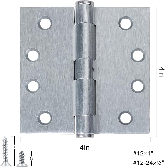 2 Pack Commercial Door Hinges 4" x 4 Inch Heavy Duty Thick 3.3mm Square Exterior Door Hinges Satin Brushed Chrome Standard Hardware for Wood Shed Barn Basement Shop Garage Loft Double Bifold Doors