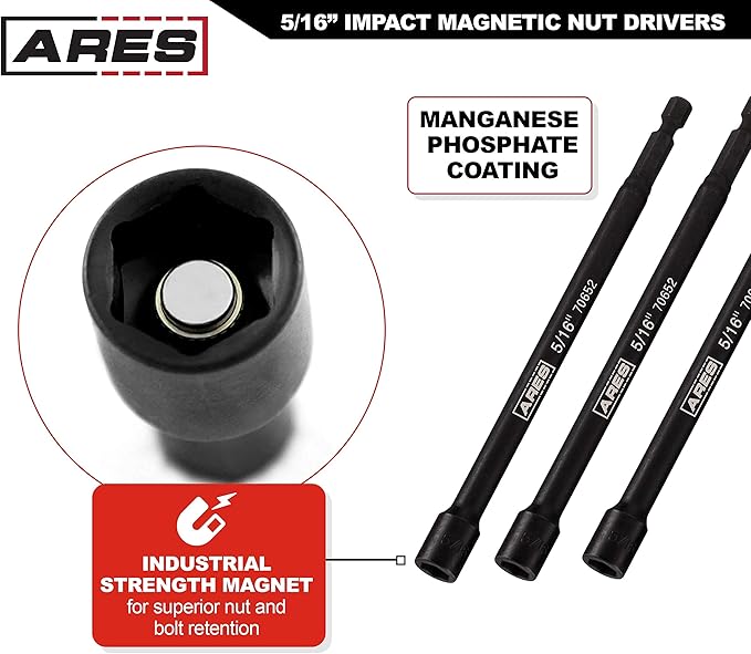 ARES 27009-3-Piece 5/16-Inch Magnetic Impact Nut Driver Bit Set - 6-Inch Length - Impact Grade Nut Setters with Industrial Strength Magnets