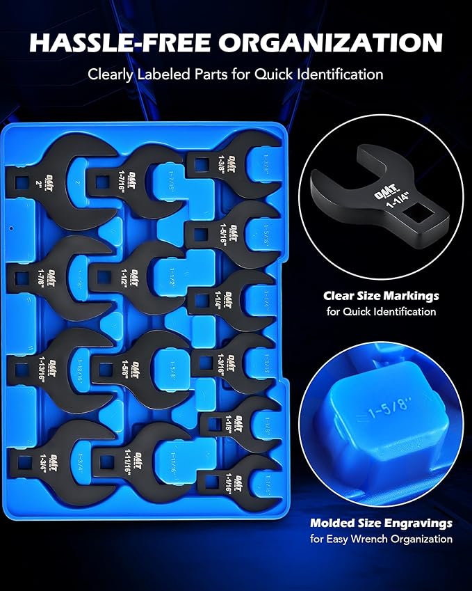 Orion Motor Tech 14 Piece Jumbo Crowfoot Wrench Set, SAE Crows Foot Wrench Set for 1-1/16" to 2" Flare Nuts for 1/2" Drive Rachets & Extenders, Blackened Cr-V Steel Crowfoot Wrenches with Carry Case
