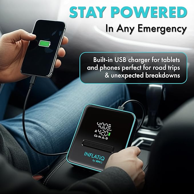 INFLATiQ by RIMiQ Tire Inflator - Powerful, Award-Winning QWIKFLOW Technology with 2 Portable Power Options Included - Strong Vehicle Air Pump for Trucks, Cars, Motorcycles, Bicycles, Balls and More