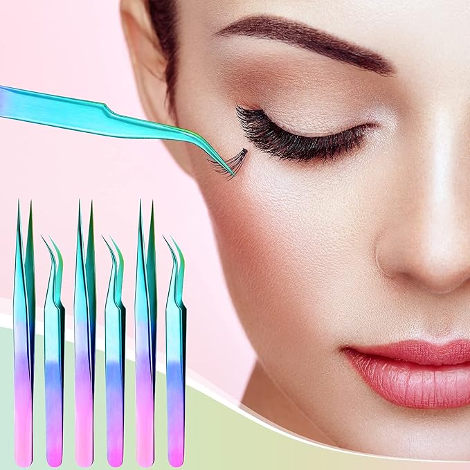 Mudder 6 Pcs Lash Tweezers High Precision Eyelash Tweezers for Lash Extension, Straight and Curved Tip, Stainless Steel for Volume Eyelash Cluster Tools Girls Women Beginners(Laser)