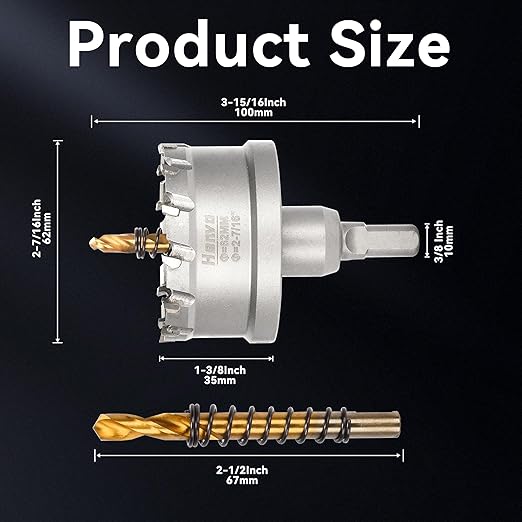 Hole Saw 2-7/16" (62mm) Heavy Duty Carbide with 2 Pilot Drill Bits - Metal Hole Cutter Cuts Stainless Steel, Iron, Copper, Brass, Plastic