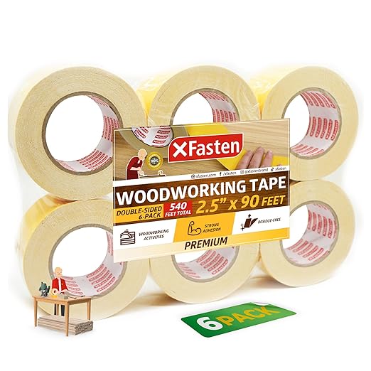 XFasten Double Sided Woodworking Tape 2.5 Inches x 90 Feet (6-Pack), Residue-Free Double Sided Tape for Wood Template, MDF, Metal, Edge Banding, Routing, Anchoring, Strong Adhesion but Surface-Safe