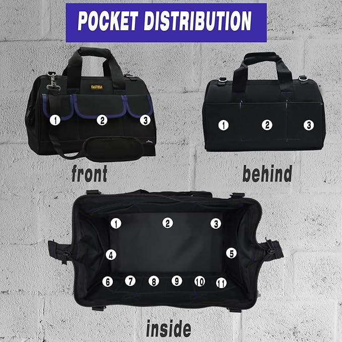 FASTECH 20 Inch Tool Bag, Waterproof Wide Mouth Tool Kit, Heavy Duty Tool Bag Organizer With Shoulder Straps, Tool Storage Package For Men/Women (20IN DarkBlue)