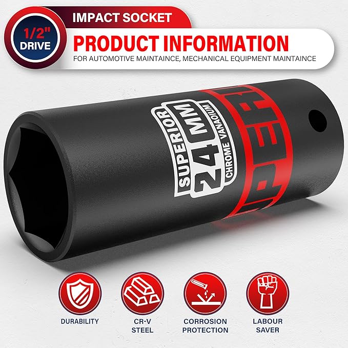 1/2" Drive Impact Socket, 24 mm Deep Socket, Metric, 6 Point, CR-V, for Automotive Maintaince, Mechanical Equipment Maintaince