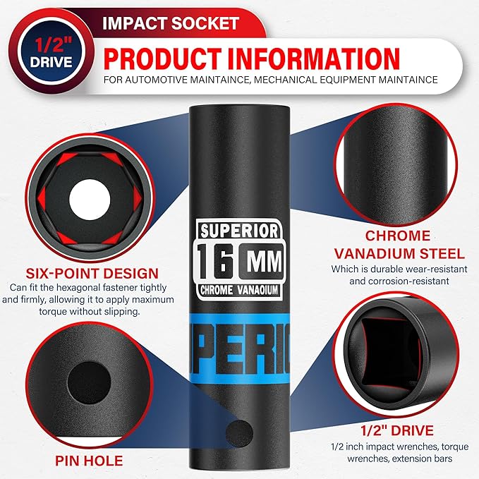 1/2" Drive Impact Socket, 16 mm Deep Socket, Metric, 6 Point, CR-V, for Automotive Maintaince, Mechanical Equipment Maintaince