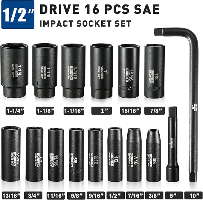 Impact Socket Set 1/2??Drive, SORAKO16 PCS SAE Deep Socket Set (3/8-Inch to 1-1/14") Include 5??Extension Bar & 10??L Handle, Cr-V Steel 6 Point Standard Impact Socket with Portable Case