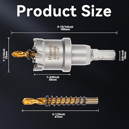 Hole Saw 1-1/4" (32mm) Heavy Duty Carbide with 2 Pilot Drill Bits - Metal Hole Cutter Cuts Stainless Steel, Iron, Copper, Brass, Plastic