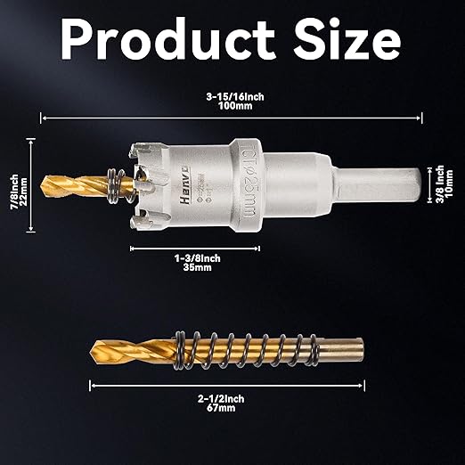 Hole Saw 1" (25mm) Heavy Duty Carbide with 2 Pilot Drill Bits - Metal Hole Cutter Cuts Stainless Steel, Iron, Copper, Brass, Plastic