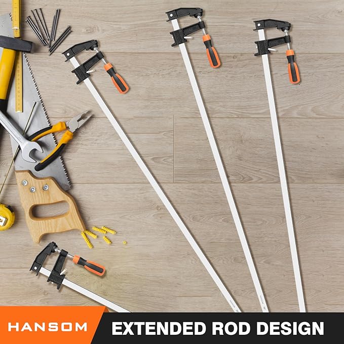 HANSOM 4-Pack 36 inch Bar Clamps,Long Wood Clamps Heavy Duty Force 600 Lbs Adjustable and Release Quickly,Woodworking Clamps Throat Depth 2.5 inch with Plastic Handle