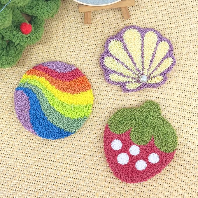 HAND U JOURNEY 3Pcs Embroidery Punch Needle Coasters Kit, Original Design with 2.2mm Punch Tool, Threads and Hoop