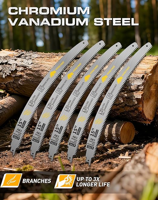 Japanese Teeth Reciprocating Saw Blades 15 Inch, Arc Edge Wood Pruning Reciprocating Saw Blades 6TPI Tree Trimming, Wood Cutting, Cr-V Reciprocal Saw Blades Better Wear Resistance, (5 Pack)