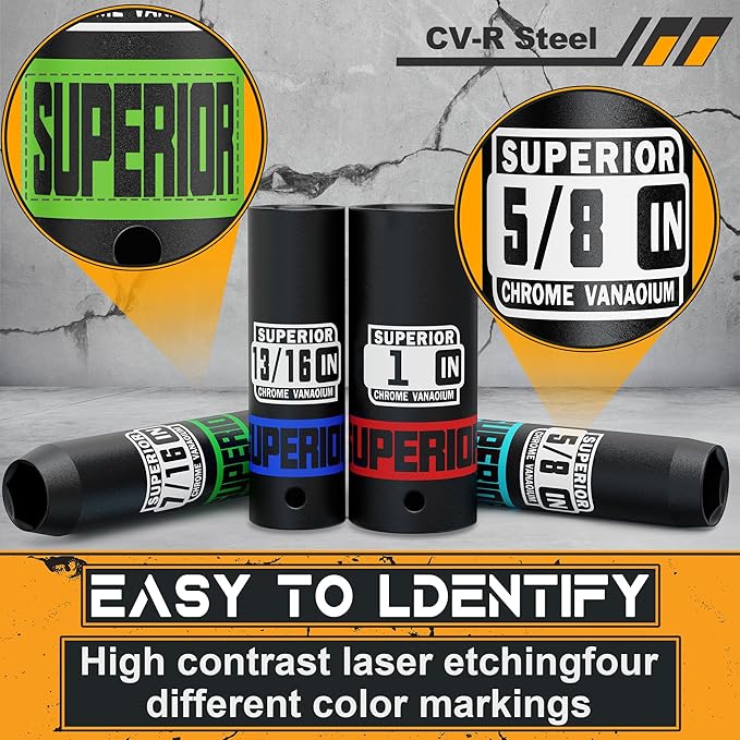 12 Piece 1/2" Drive Deep Impact Socket Set, 3/8" to 1", SAE, 6 points, CR-V Material, Cars, Motorcycles, Tire Changes