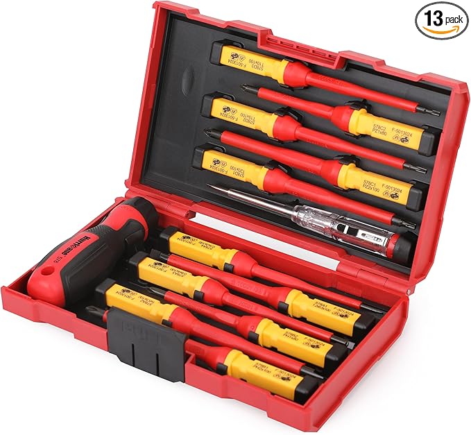 HURRICANE Professional 13 Piece Insulated Electrician Screwdriver Set,1000V Cr-V Magnetic Tip Electrical Tools for Electrician, Slotted, Phillips, Pozidriv, Torx. All-in-1 Industrial & Home Repair Kit