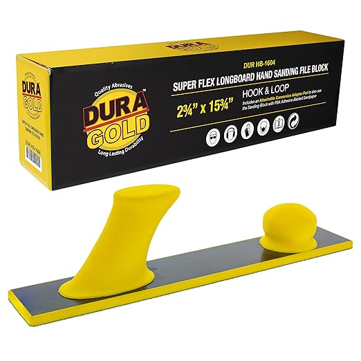 Dura-Gold Pro Series Firm & Flex Longboard Hand Sanding File Block, Hook & Loop Backing & PSA Adapter Pad - Use Continuous Rolls or Sandpaper Sander Sheets - Flexible Sand Contoured Surface, Auto Wood