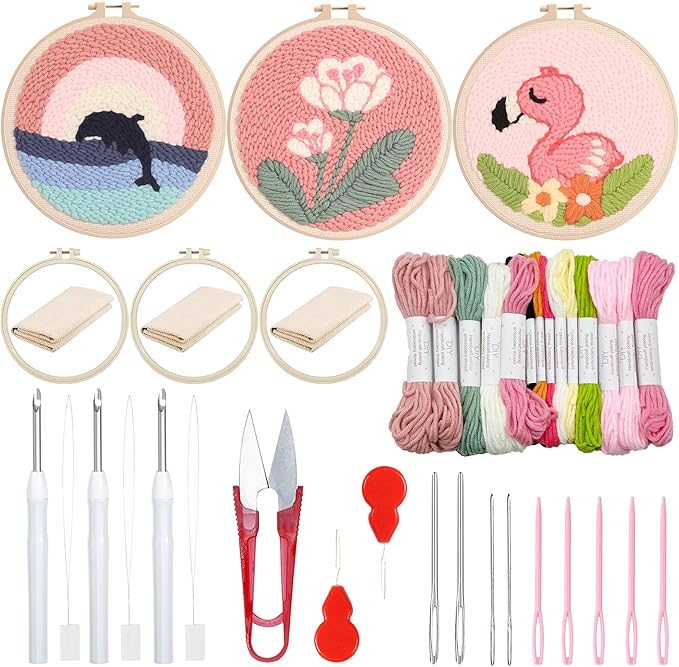 Woohome Punch Needle Kit Included Plastic Hoops, Punch Needle Cloth, Color Yarn and Punch Needle Tools for Adults, Beginners (Whales, Flowers, Bird)