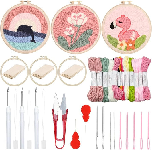 Woohome Punch Needle Kit Included Plastic Hoops, Punch Needle Cloth, Color Yarn and Punch Needle Tools for Adults, Beginners (Whales, Flowers, Bird)