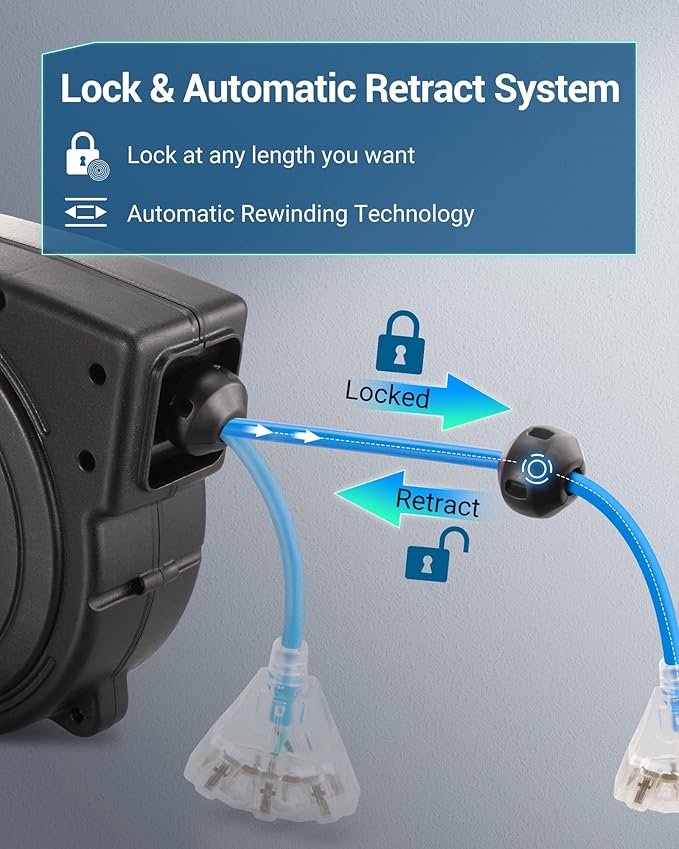 DEWENWILS Heavy Duty Cord Reel, 40FT Retractable Extension Power Cord, 12AWG/3C SJTOW, 3-Lighted Triple Outlets, 15A Circuit Breaker, Wall/Ceiling Mounted, Adjustable Stopper UL Listed, Blue