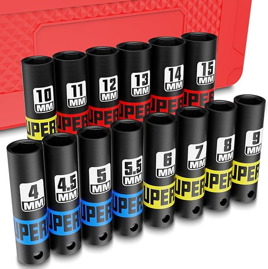 14 Piece 1/4" Drive Impact Socket Set, 4 mm - 15 mm Deep Socket, Metric, 6 Point, CR-V, Auto Repair Bicycle Maintenance and Furniture Assembly
